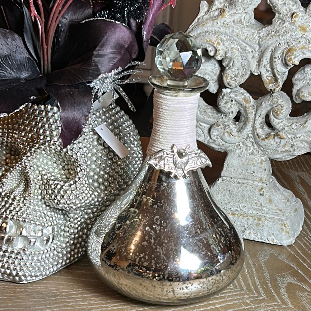 NEW! Vintage Inspired Mercury Glass Vampire Bat Gothic Decanter Decor Bottle